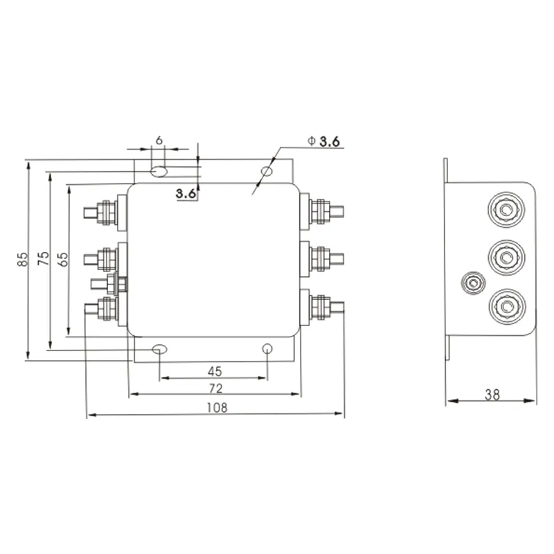 DAC1 EMI FILTER Screw Terminal Overall Dimension